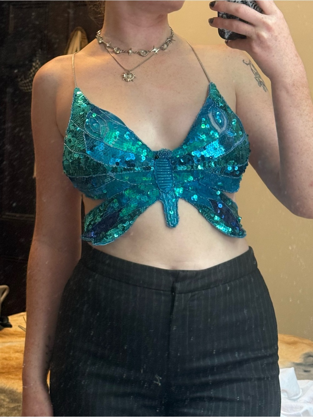 Teal Sequin Butterfly Crop Top
